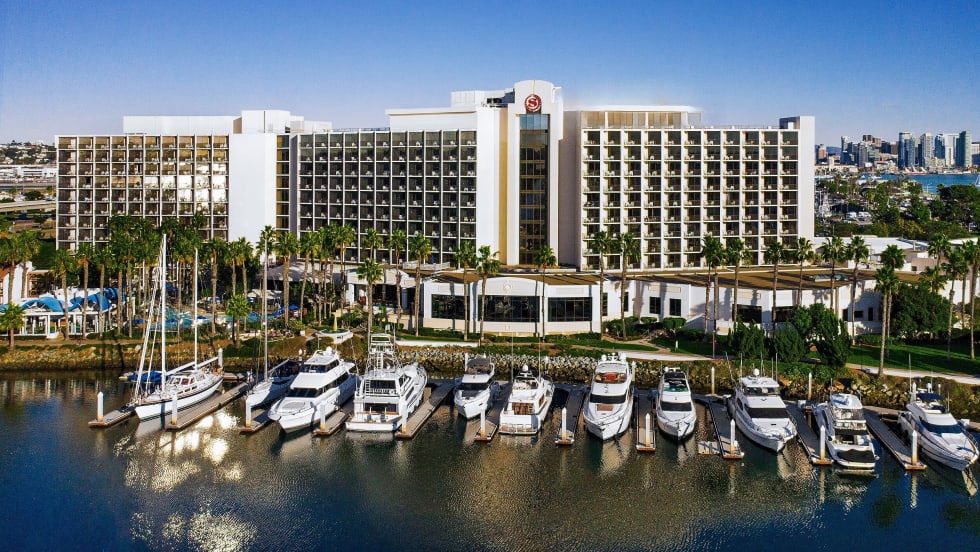 hotel in San Diego with marina in front.