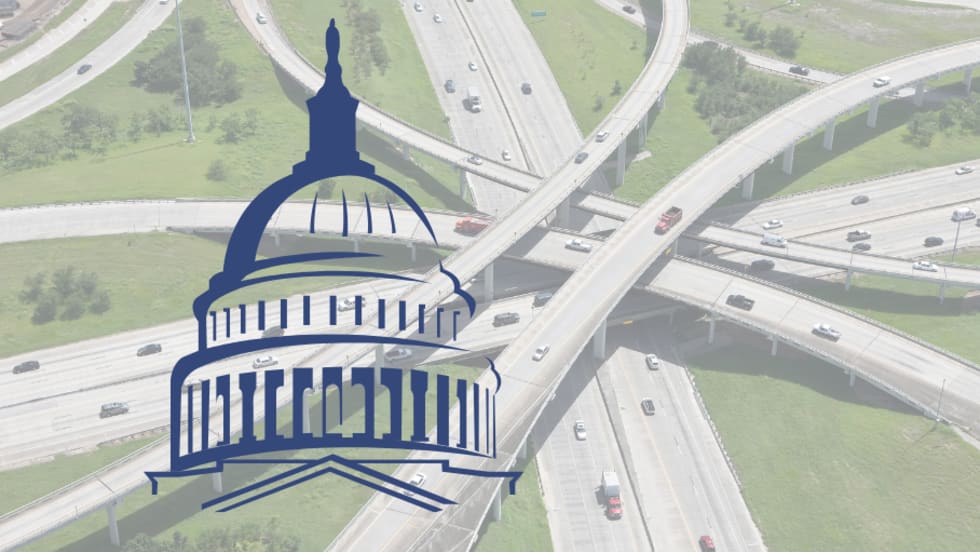 U.S. Capitol Building graphic superimposed on highway interchange