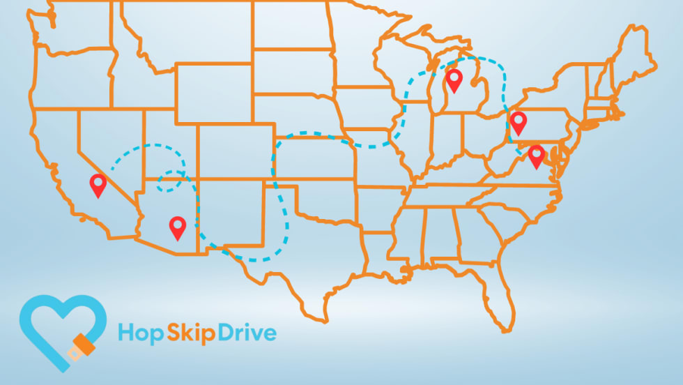A map of the contiguous U.S. shows five pinpoints representing the five new markets HopSkipDrive will serve, connected by blue dashes.