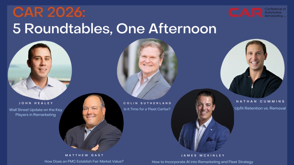 Graphic promoting CAR 2026 roundtables featuring headshots of five speakers and topics including Wall Street trends, fleet data, upfits, fair market value, and AI in remarketing.