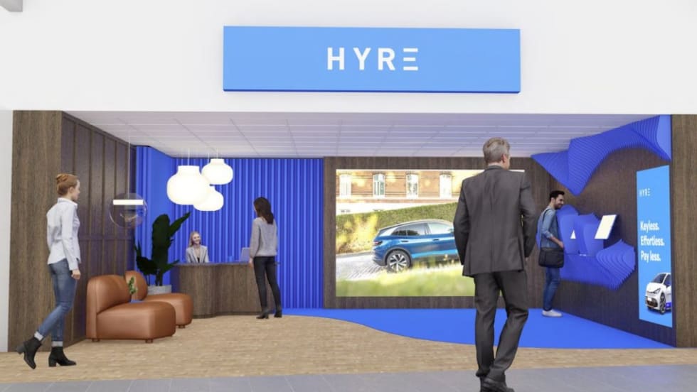 A schematic illustration of travelers visiting Hyre's rental car outlet at the Oslo airport in Norway.