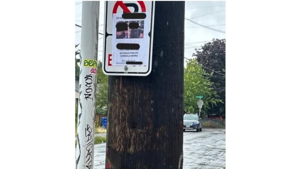 Wooden utility pole with street sign, wet pavement, and trees in background
