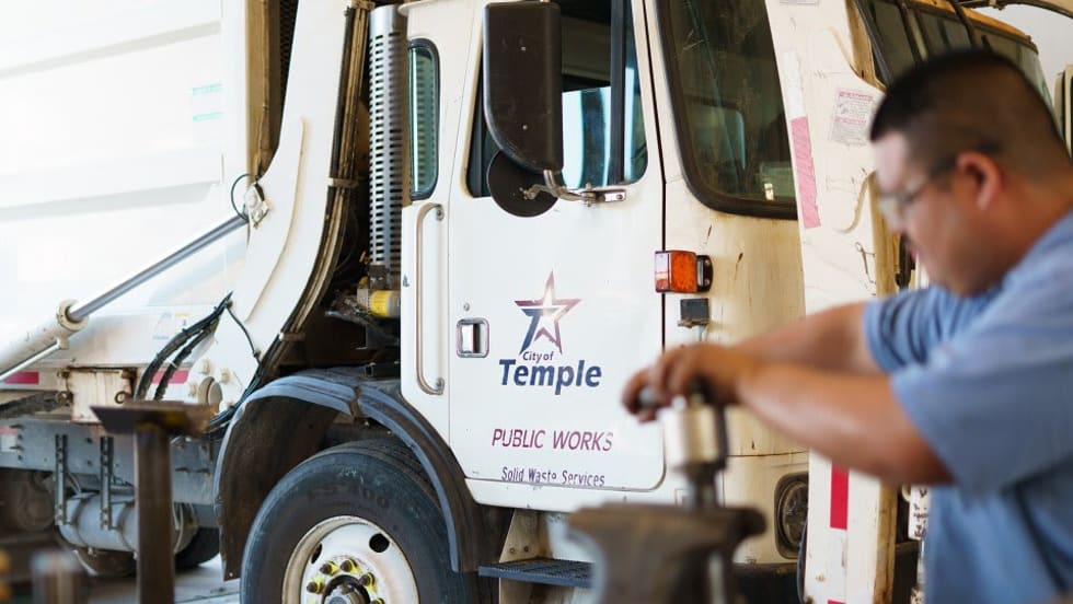 City of Temple public works truck in a maintenance facility as the city implements a telematics system to improve fleet efficiency, safety and vehicle performance monitoring.