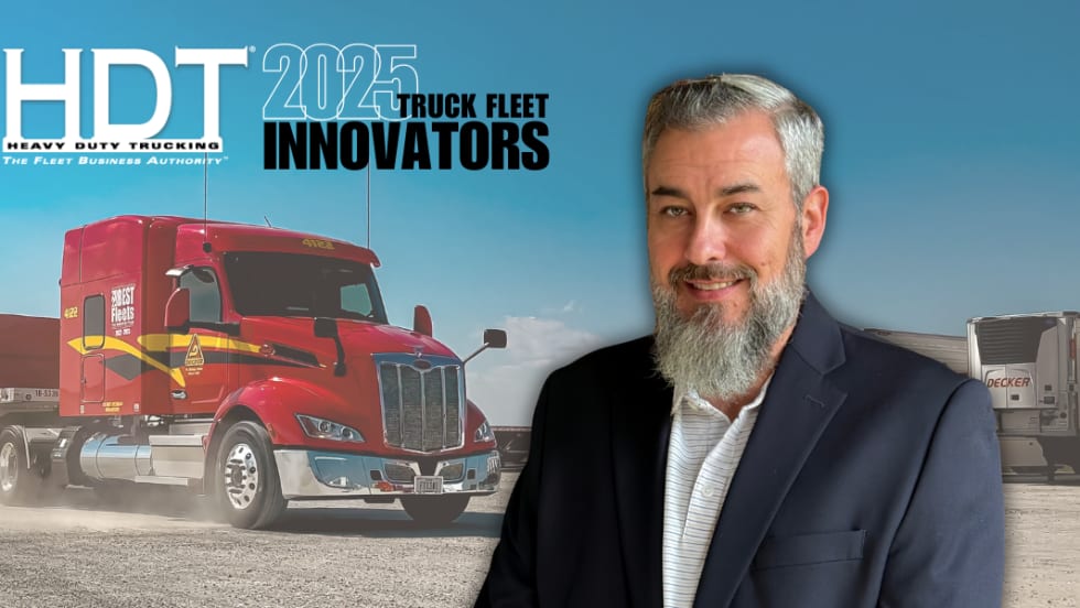 Illustration of HDT Truck Fleet Innovator Brent Ellis with a Decker truck in the background.