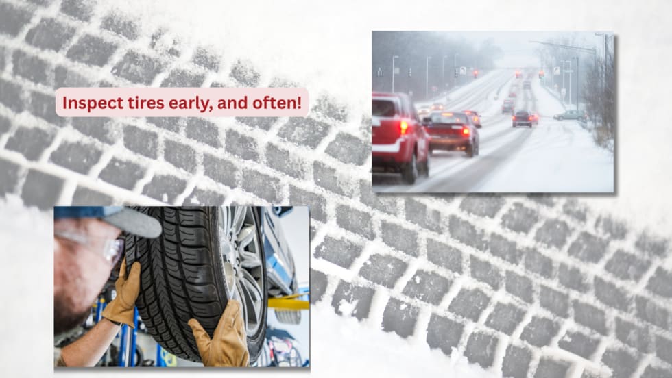 Photo of tire tracks and winter scenes.