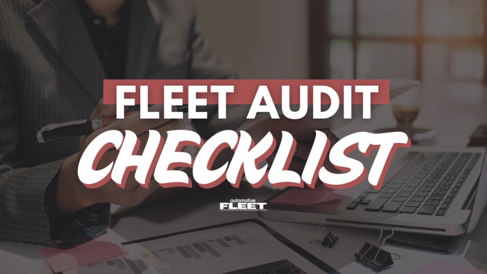 An image of someone (from the shoulder's down) at a desk going through papers for an audit. Overlaying text reads "Fleet Audit Checklist".