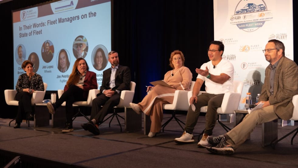 Fleet managers on stage during a roundtable discussion at the Fleet Forward and Safety Conference.