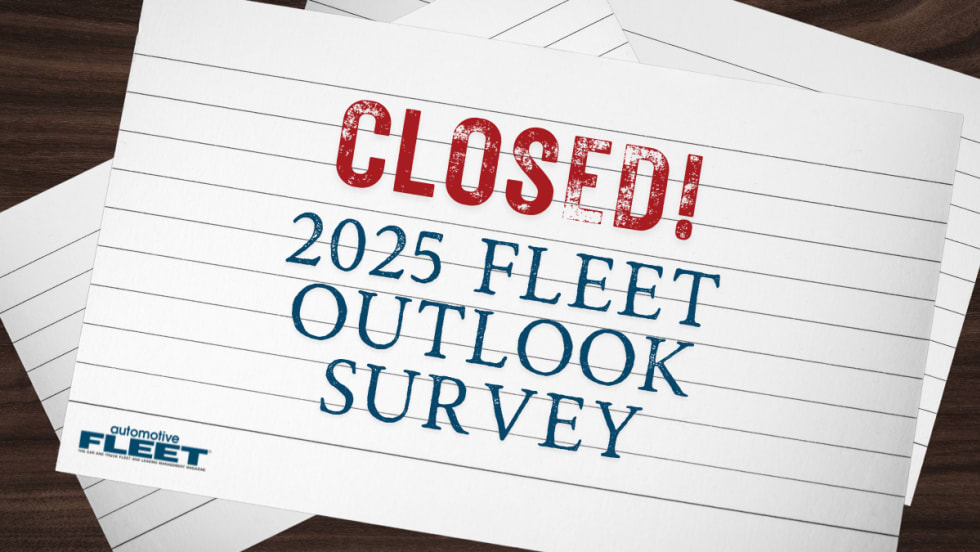 A graphic with pieces of paper on a table with text reading "Closed! 2025 Fleet Outlook Survey".