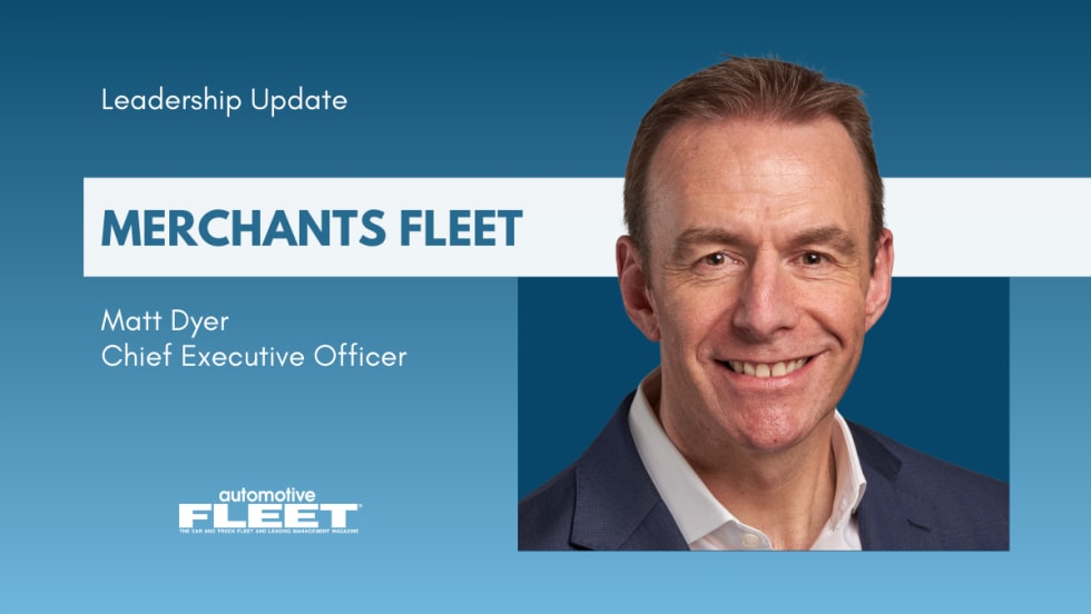 A blue and white graphic detailing Merchants Fleet's new CEO, Matt Dyer, with a business portrait of the new hire.