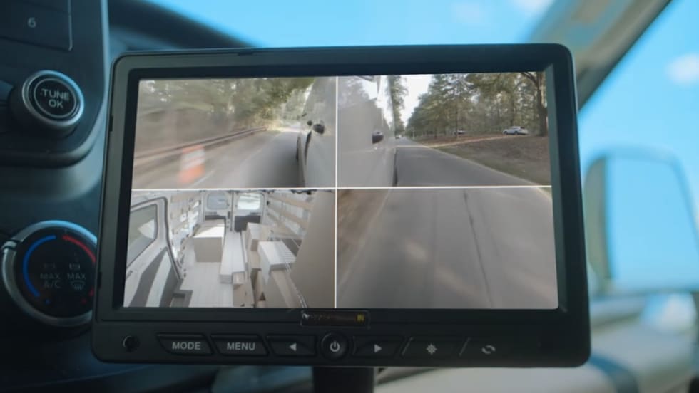 Monitor part of the Extended View Cameras showing multiple views around and inside a fleet vehicle.