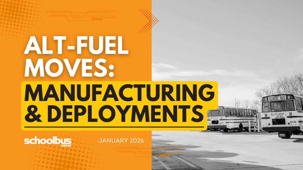 An orgnge, white, and black graphic with a black and white image of electric school buses.