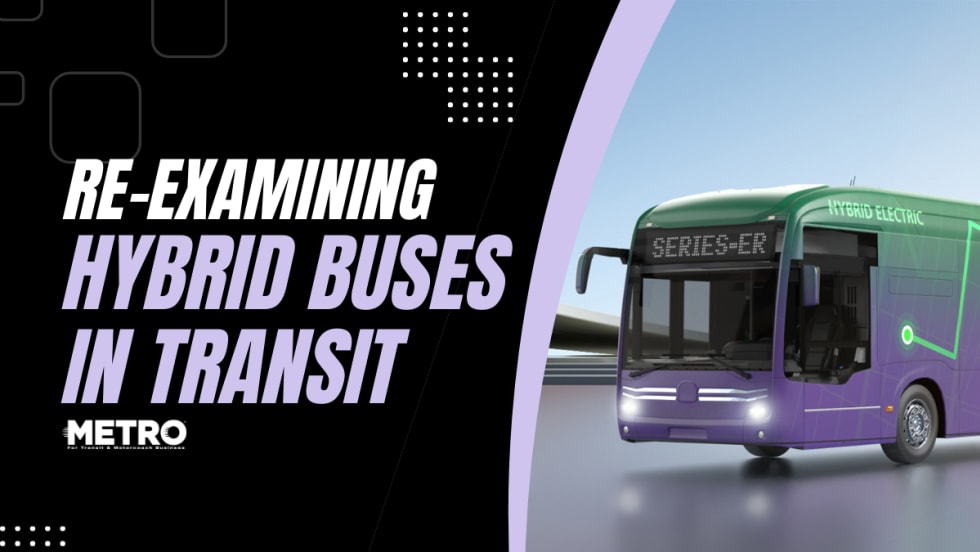 A black, white, and light purple graphic with an image of a BAE Systems hybrid electric bus and text reading "Re-Examining Hybrid Buses in Transit."