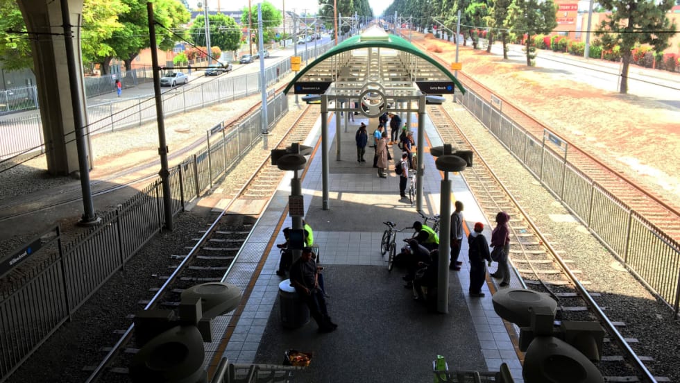 A overhead view of an LA Metro rail station platform.