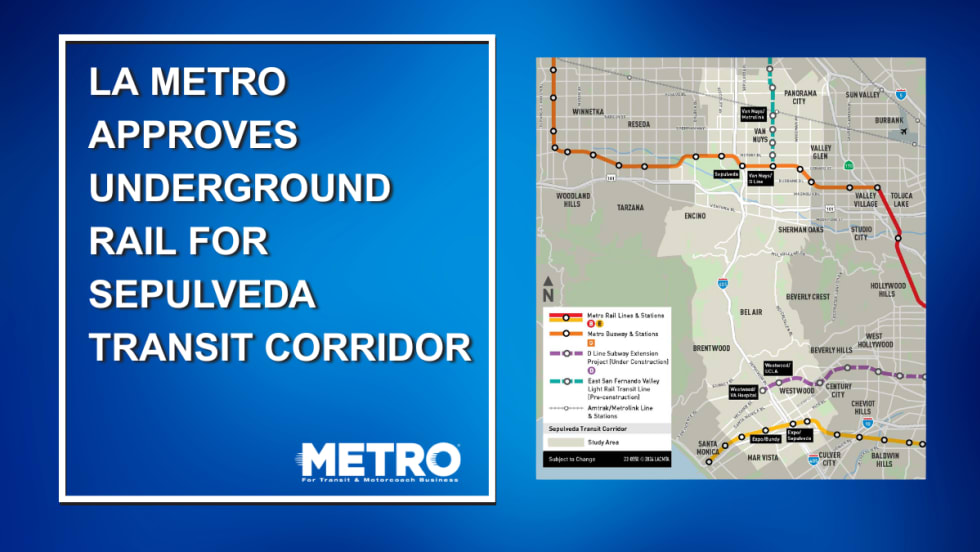 A blue and white graphic with a map of the proposed study area for the Sepulveda Transit Corridor and text reading "LA Metro Approves Underground Rail for Sepulveda Transit Corridor."