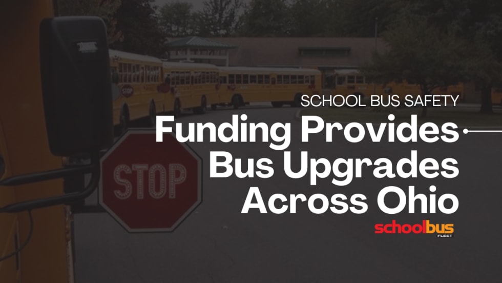 Image of an extended stop-arm with text reading "School Bus Safety: Funding Provides Bus Upgrades Across Ohio."