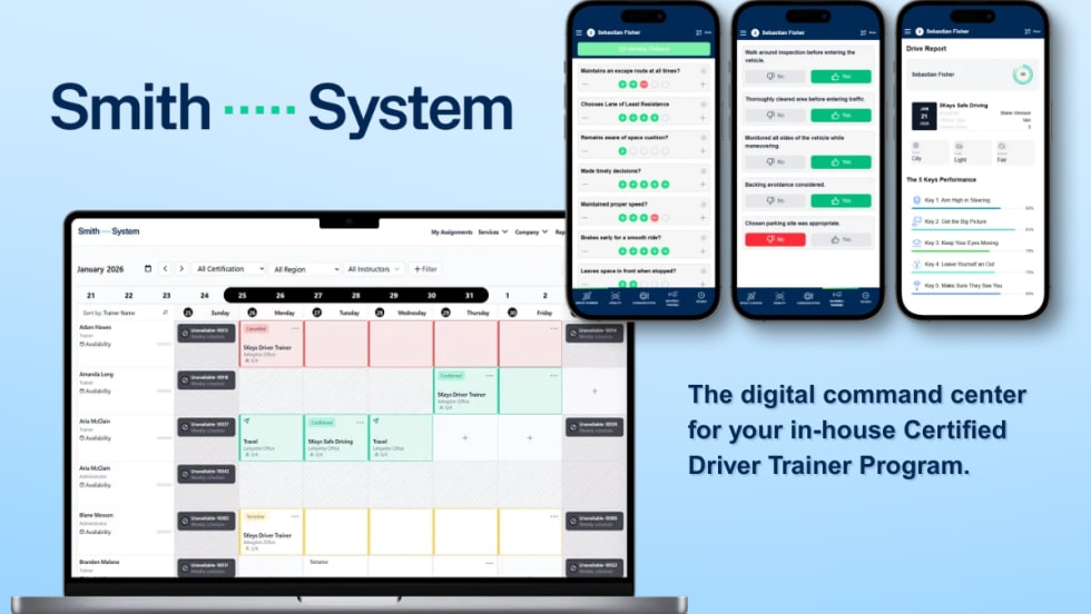 A blue graphic with lap top and phone iterations of Smith System's Trainer Center.