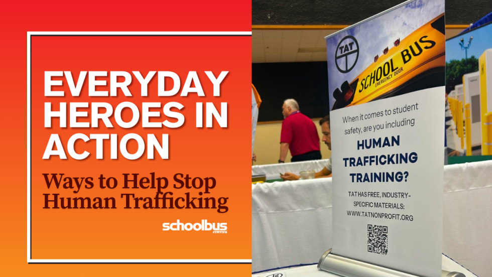 An orange and red graphic with a photo of a TAT School Transportation Poster.