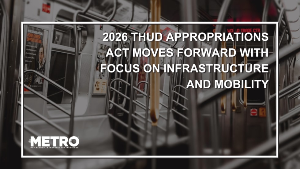 Inside of an empty subway care with text reading "2026 THUD Appropriations Act Moves Forward with Focus on Infrastructure and Mobility."