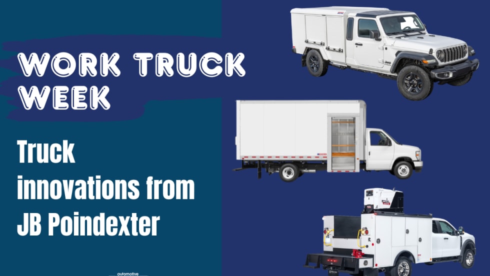 Graphic for Work Truck Week featuring work trucks from J.B. Poindexter brands, including a Jeep Gladiator-based Morgan Olson Kestrel, a Morgan box truck, and a Reading Truck service body.