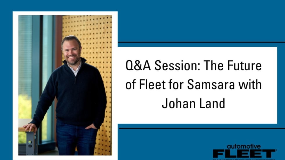 Johan Land is smiling and stands beside a window in an office space. Next to his photo is a title card that reads “Q&A Session: The Future of Fleet for Samsara with Johan Land."