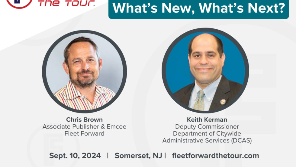 A white graphic with professional portraits of two hosts for Fleet Forward: the Tour.