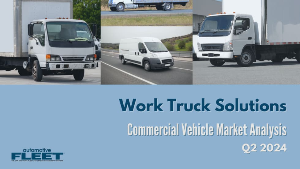 A blue graphic with work trucks and vans collage together. Text describes the market analysis by Work Truck Solutions.