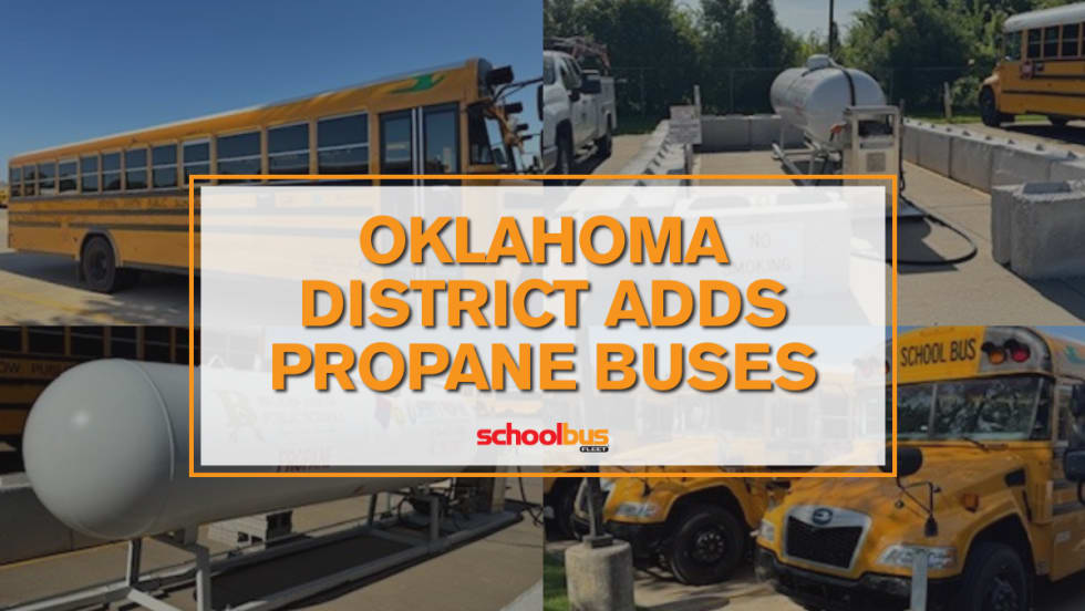 A collage of images showing the school district's propane buses and fueling infrastructure with text reading, "Oklahoma district adds propane buses."