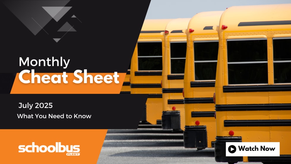 A black and orange graphic with a line up with school buses. Text reads "Weekly Cheat Sheet: July 2025, What You Need to Know."