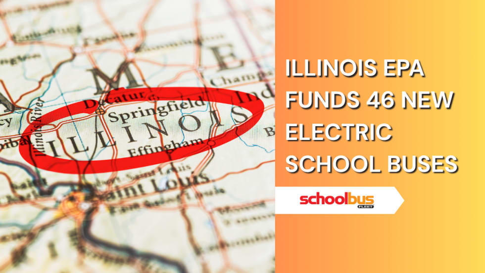 Illinois circled with red marker on a map with text reading, "Illinois EPA funds 46 news electric school buses."