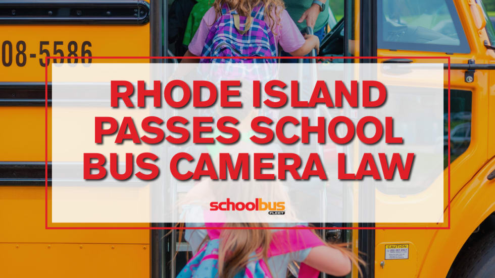 Children boarding a school bus with text reading "Rhode Island Passes School Bus Camera Law."