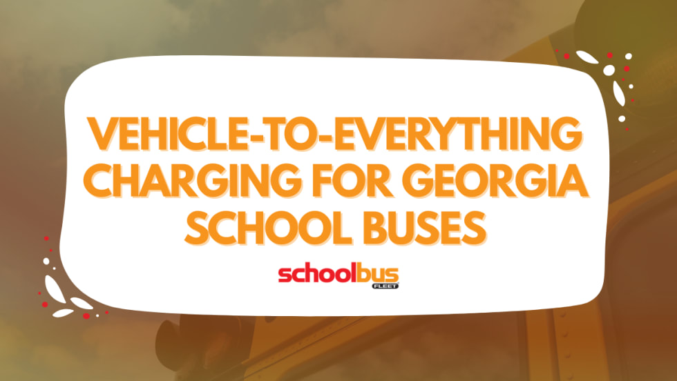 An orange and white graphic with text reading, "Vehicle-to-Everything Charging for Georgia School Buses."
