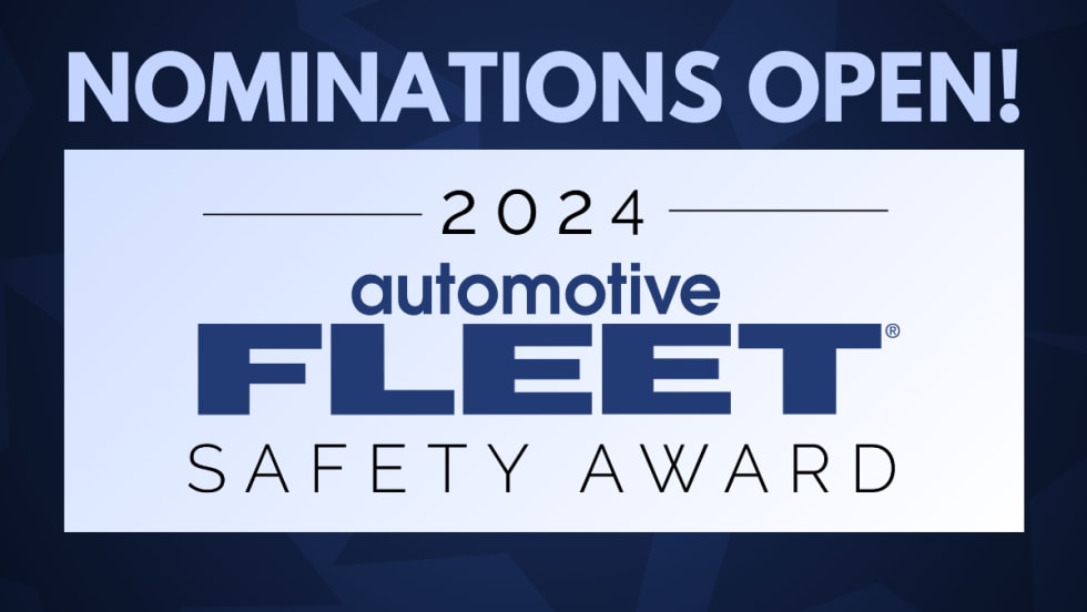 Blue and white graphic announcing open nominations for the 2024 Automotive Fleet Safety Award.