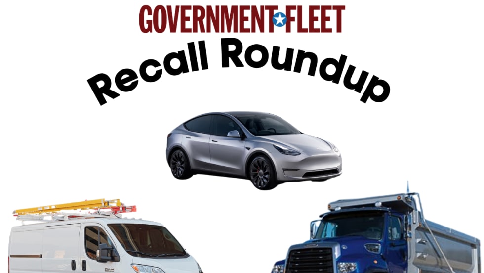 Three vehicles are shown, including a white Ram ProMaster cargo van with a yellow ladder on top, a silver Tesla Model Y, and a blue Freightliner 114SD truck with a dump body on the back.
