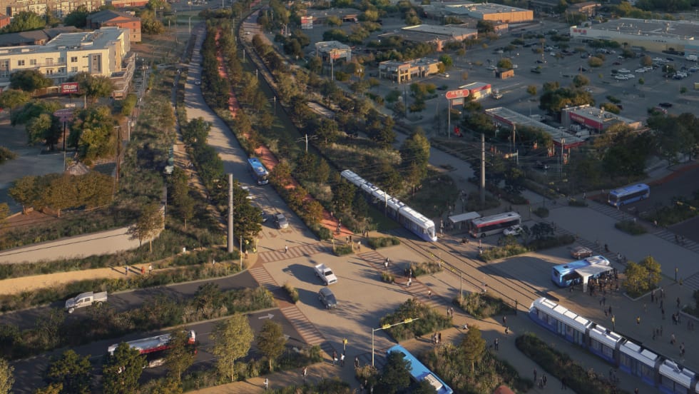 An aerial rendering of ATP's light rail in Austin.