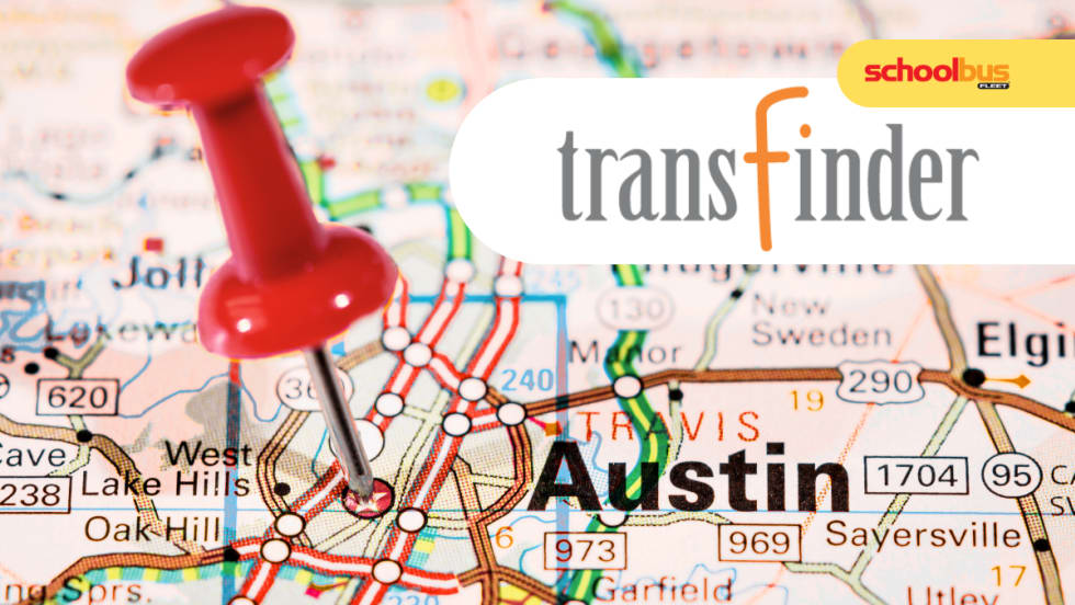 Map of Austin, Texas, with Transfinder and Schools Bus Fleet logos.