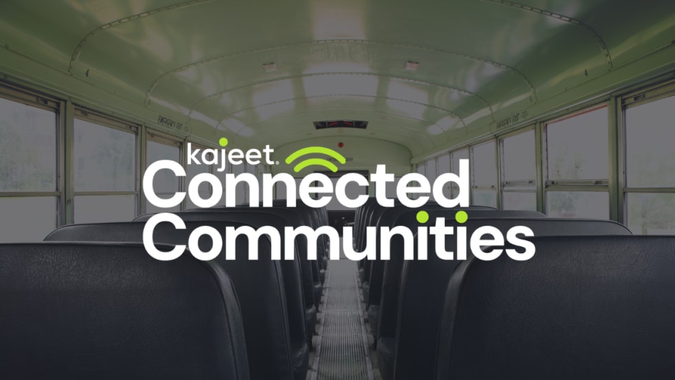 Graphic promoting Kajeet Connected Communities, a program offering managed internet connectivity solutions for schools, libraries and nonprofits to support digital access initiatives.