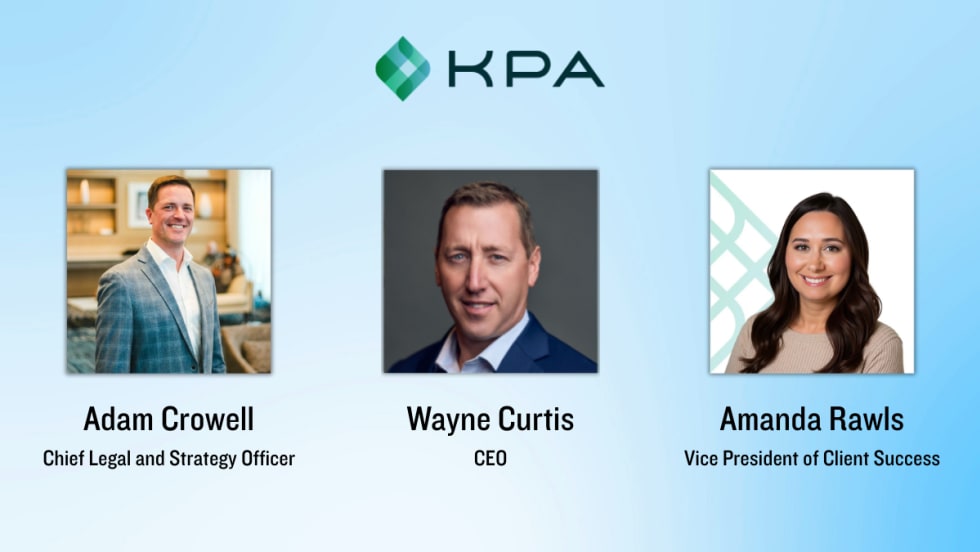 Headshots of Adam Crowell, Wayne Curtis, and Amanda Rawls displayed under the KPA logo with their updated executive titles.