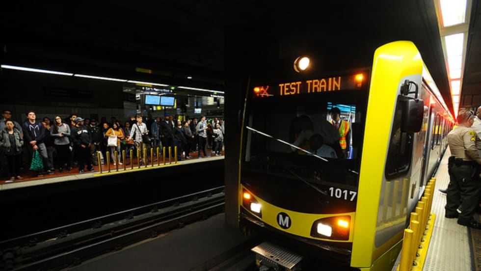 A train pulls into the station.
