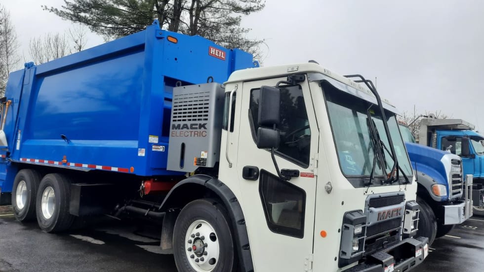 A Mack LR Electric refuse truck in Portland, Maine.