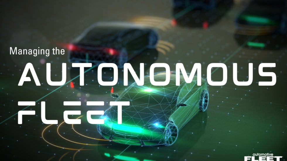 Digital illustration of autonomous vehicles connected by data networks, representing fleet management technology, AI-driven driving systems, and connected mobility in commercial fleets.