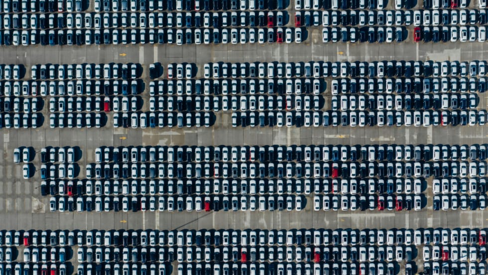 An aerial view of a vehicle lot.