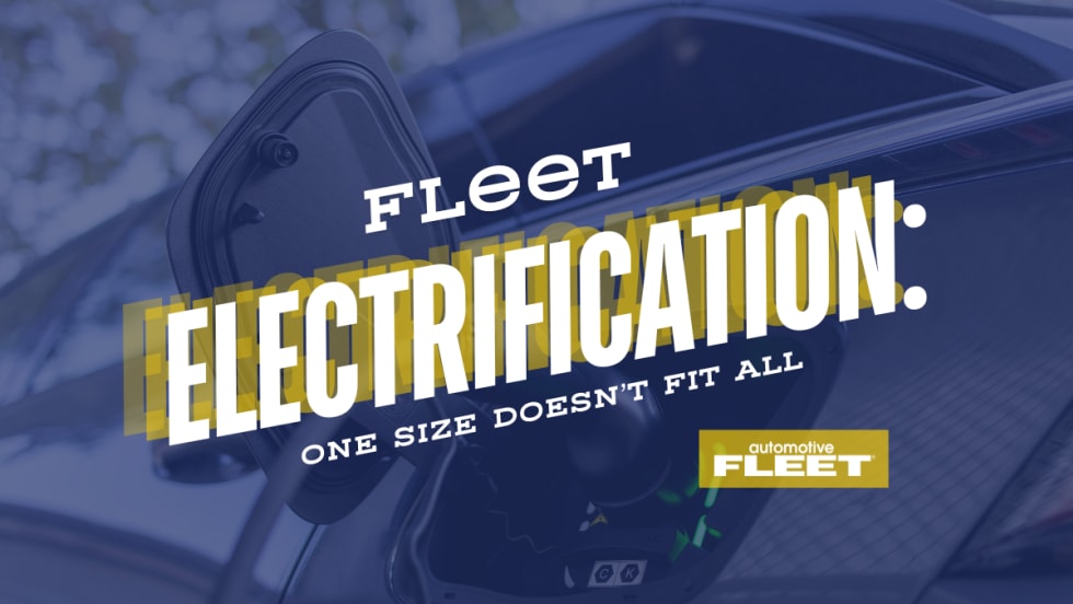 A blue, white, and yellow graphic image with text reading "Fleet Electrification: one size doesn't fit all".