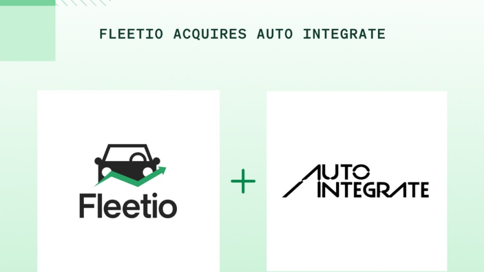 A green and white graphic with text reading "Fleetio Acquires Auto Integrate" with respective company logos.