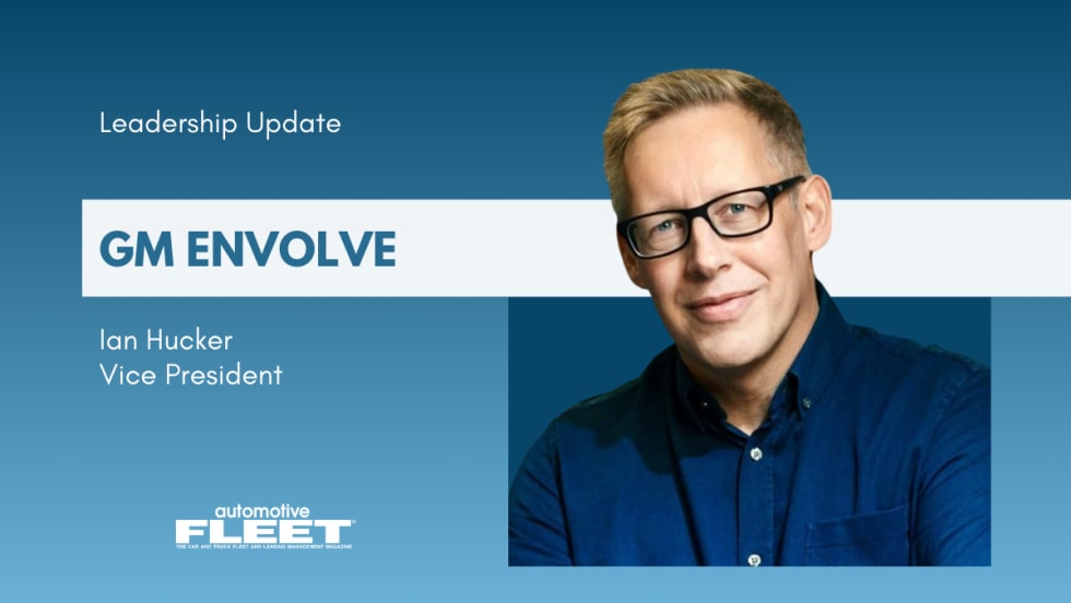 Blue and white graphic detailing Ian Hucker's new position at GM Envolve.