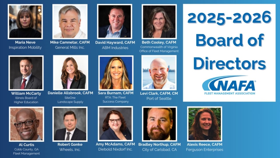 A blue and white graphic with headshots for all 13 of the 2025-2026 NAFA Board of Directors.