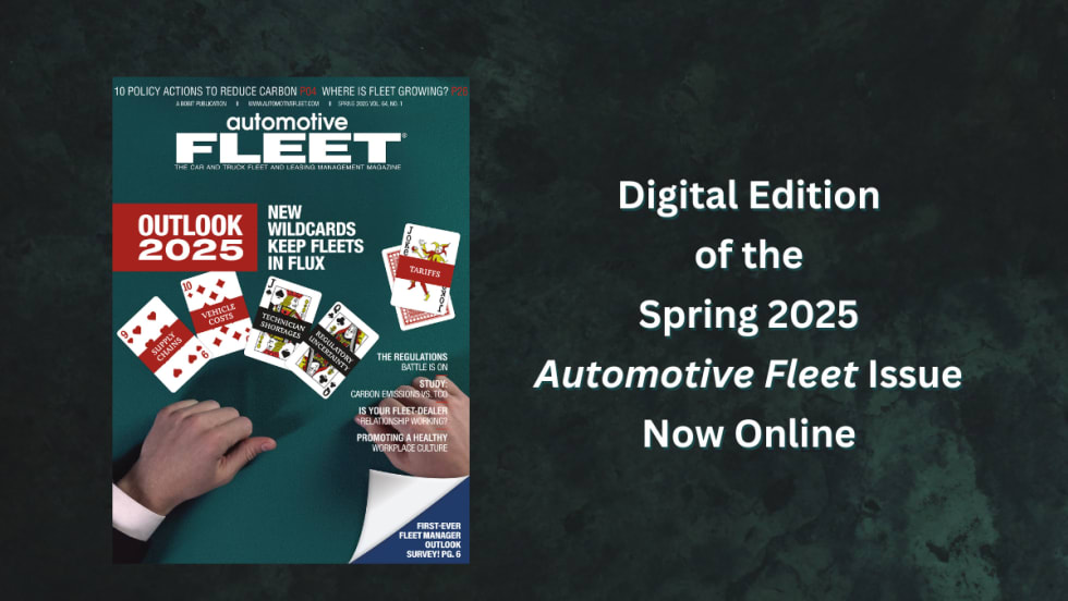A green graphic with a magazine cover image from the Automotive Fleet Spring 2025 issue and text announcing it is now online.