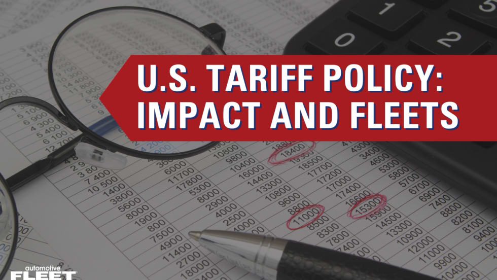 An image of data, glasses, a pen, and calculator with text reading "U.S. Tariff Policy Impact and Fleets".
