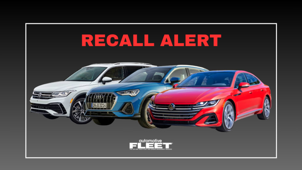 A black, red and white recall alert graphic with cars listed in the recall.