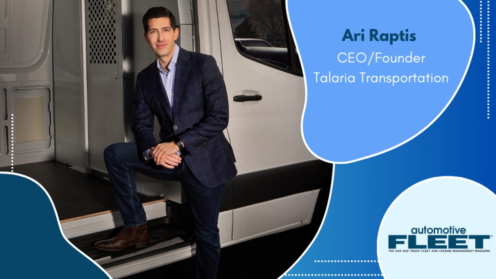 Image of a man in a suit posing with a white fleet vehicle within blue graphic shapes.