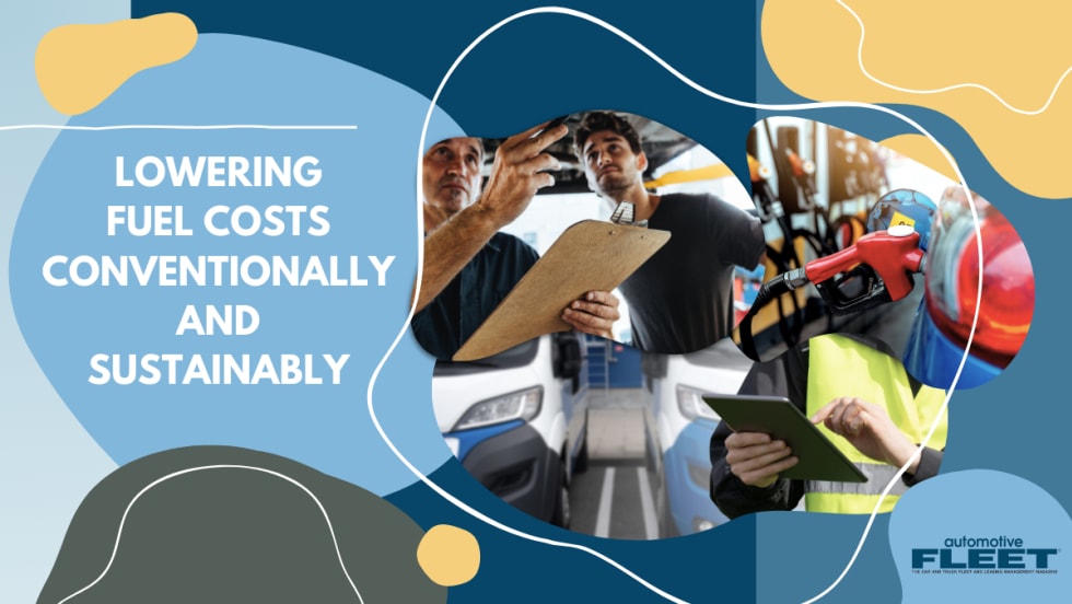 Blue and yellow graphic with images of fueling a car, mechanics assessing a car, and hands holding a tablet.